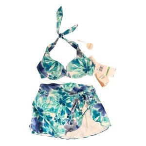 Coco Reef Contours Cameo Printed Bra-Sized Halter Top/Halo Sarong Swim Skirt NWT